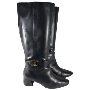 LIZ CLAIBORNE! BLACK VEGAN LEATHER ANKLE STRAP/HARNESS CHUNKY HEEL BOOTS!SZ 7.5M